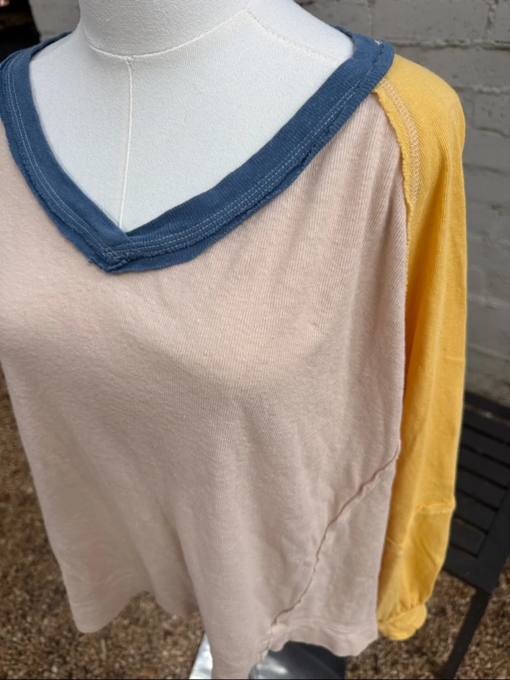 Free People We The Free Care FP Tri Color Tee Cream Blue Yellow Size XS